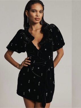 Black Velvet Embellished Mini Dress with Puff Sleeves
